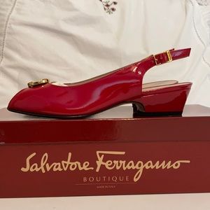 Red patent Salvatore Ferragamo peep toe slingback